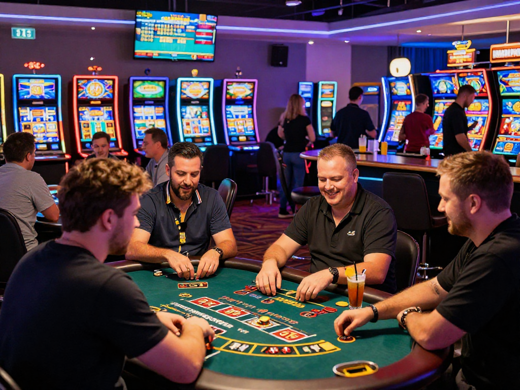 Giocatori felici in un casinò non AAMS mentre si divertono a giochi da tavolo e slot.