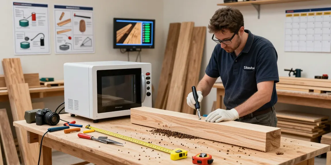 Shashel microwave device in action eliminating wood-boring beetles in a workshop
