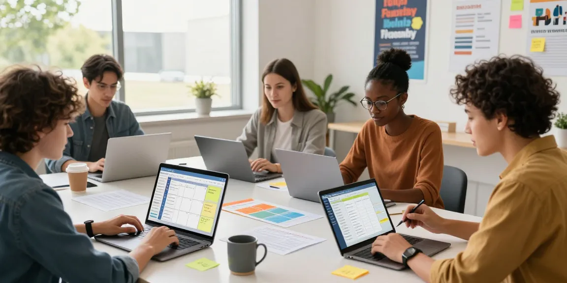 Teachers using EMStudio online teacher planner in a collaborative workspace for effective classroom management and lesson planning.