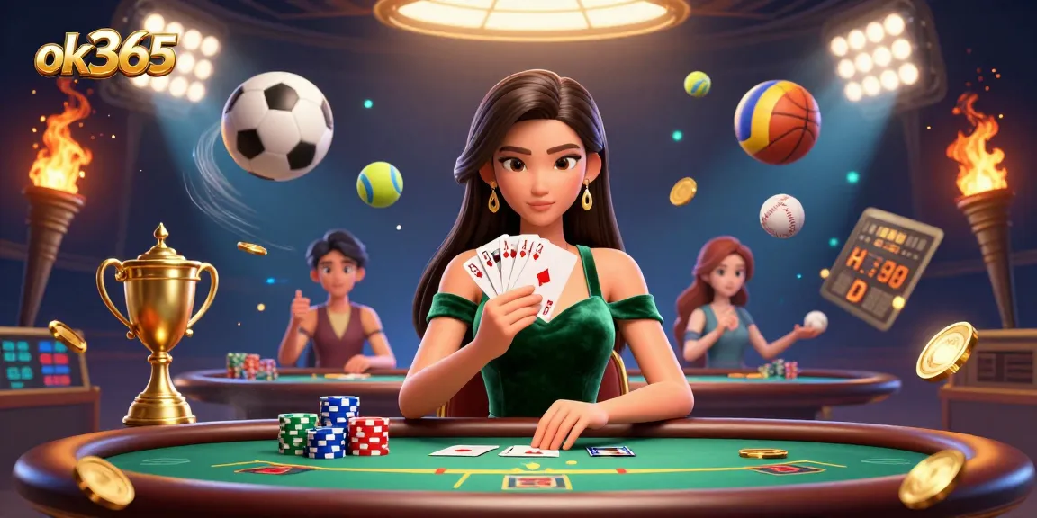 Experience thrilling bets at ok365 with a stunning poker scene featuring dynamic sports elements.