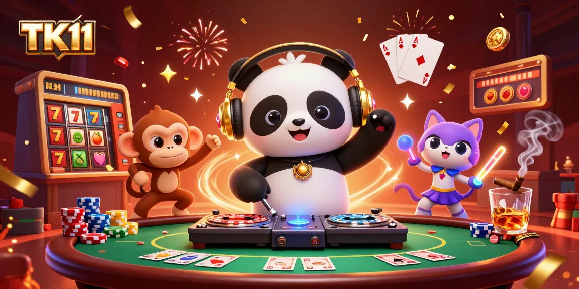 Engage with TK11's vibrant and dynamic 3D casino scene showcasing slot reels, poker chips, and lively characters.