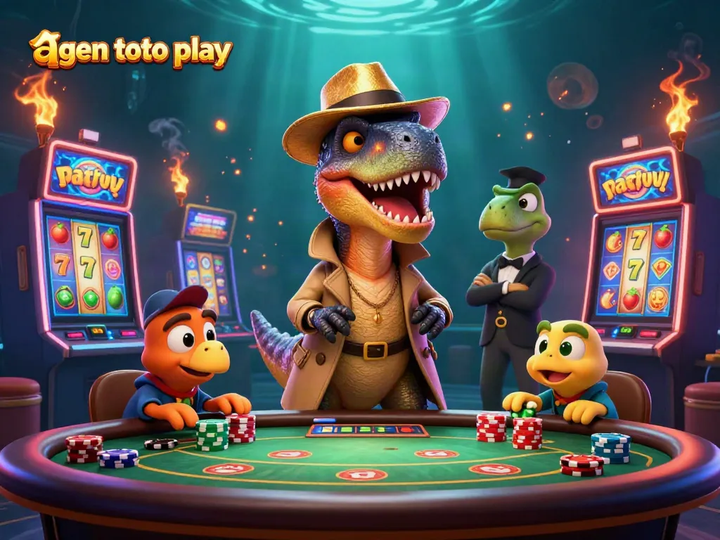 A thrilling 3D scene of a velociraptor card counter and a stegosaurus pit boss at a blackjack table in the vibrant world of agen toto play.