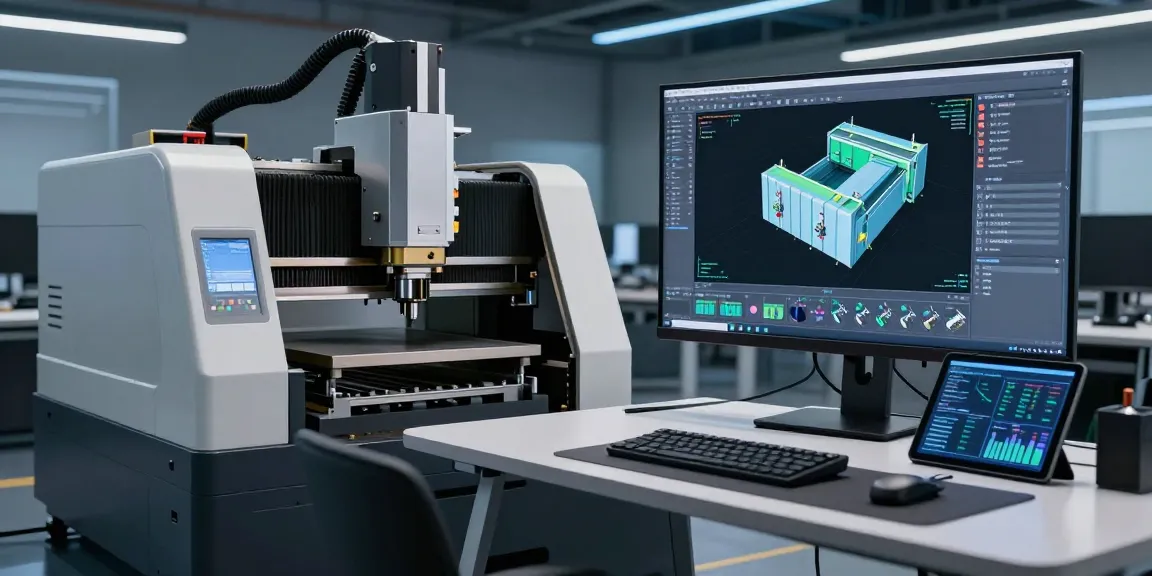 CNC press brake operating in a futuristic workspace with advanced software development tools and real-time data analytics.