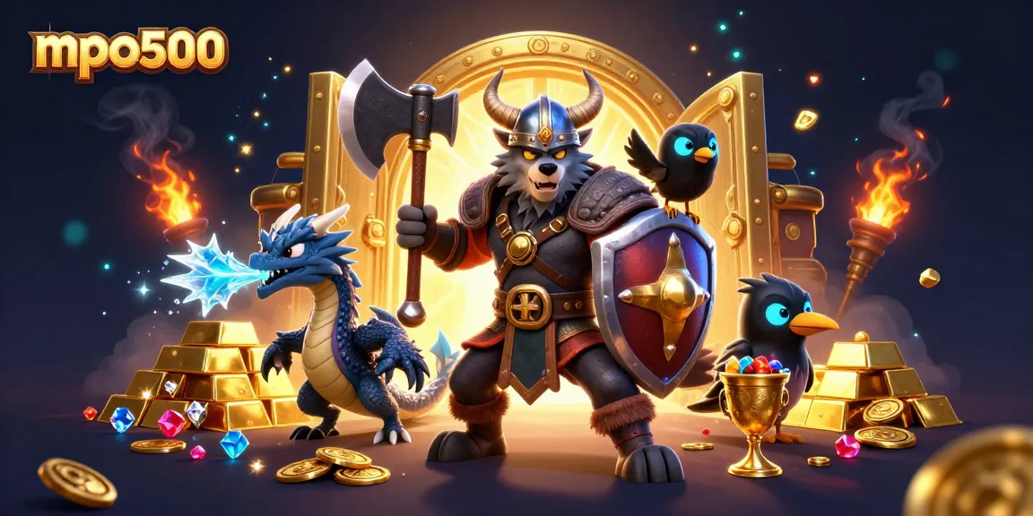 Engage with mpo500's thrilling gameplay, featuring a Viking warrior, dragon, and treasures.