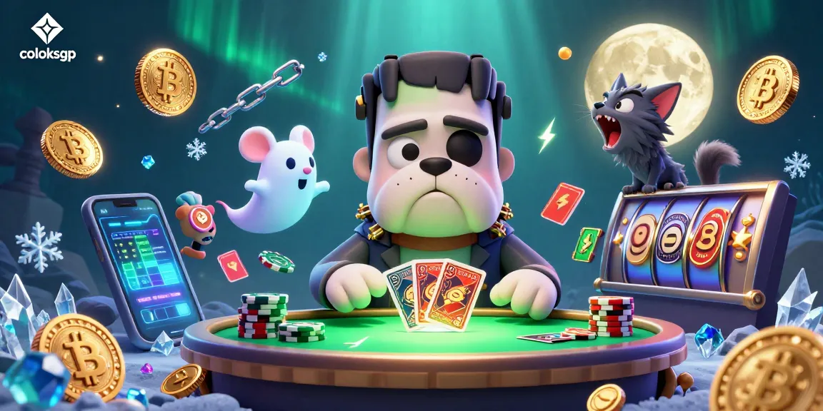 Engage with exciting gaming action at coloksgp, featuring a Frankenstein bulldog dealing cards in a vibrant casino.