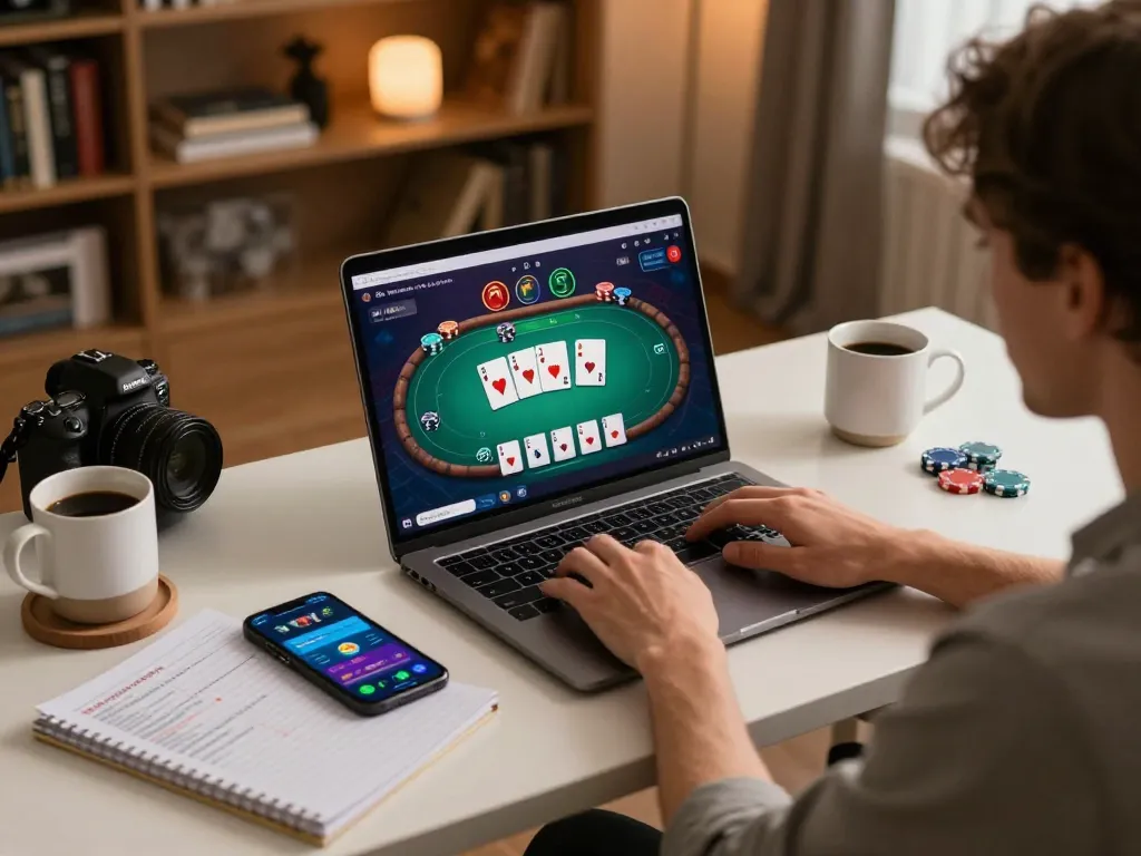 Player engaging in online poker gaming at tr88661, showcasing strategy notes and a cozy setup.
