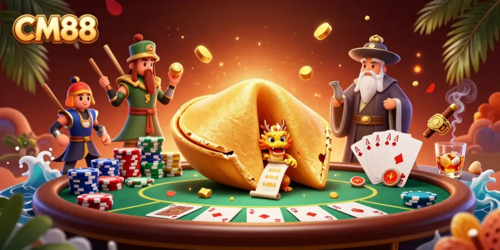 Experience the excitement of CM88 with a vibrant poker scene featuring a golden fortune cookie and a wise dragon.