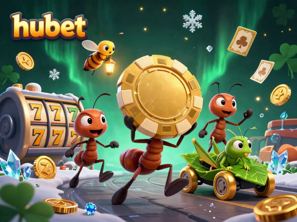 hubet themed illustration showcasing ants in a dynamic casino heist with oversized poker chip and jackpot elements.