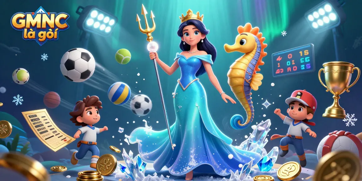 Engage with GMNC là gì, featuring a stunning 3D woman with a glowing pearl surrounded by vibrant sports elements.