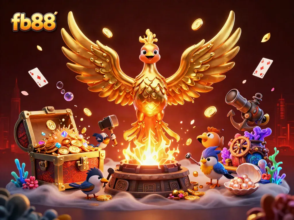 Engage in exciting gameplay at fb88 with a vibrant phoenix surrounded by treasure, illustrating the thrill of online betting.