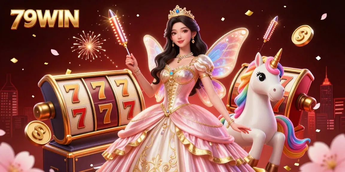 Experience thrilling slots with 79WIN as a glamorous woman celebrates winning amidst vibrant casino elements.