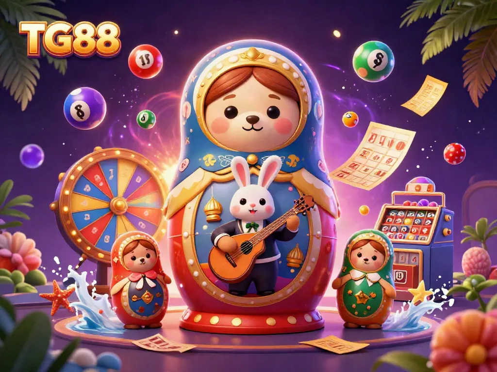 Engage with TG88 in this vibrant, dynamic 3D illustration showcasing a lively casino scene.