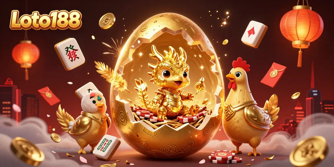 Loto188's golden dragon emerges from a cracked egg, surrounded by festive gaming elements.