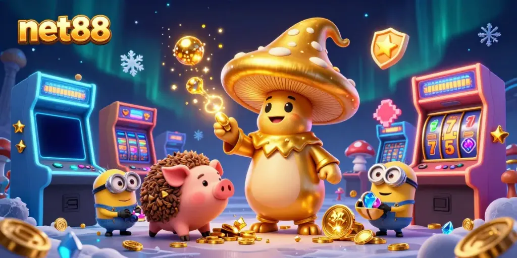 Engage in thrilling gameplay with net88, featuring enchanting wizards and gold treasures in a vibrant 3D casino setting.
