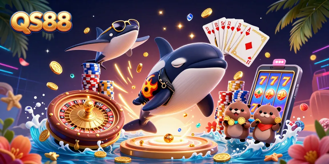 QS88 engaging players with a dynamic 3D casino scene featuring characters and vibrant gaming elements.