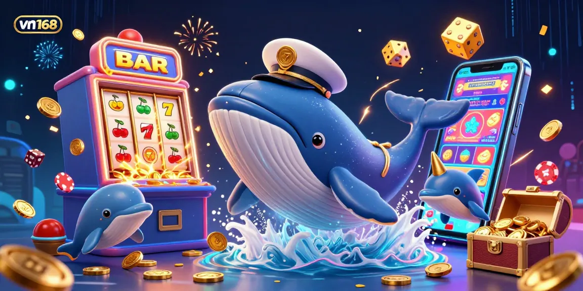 Experience thrilling wins at vn168, as a whimsical whale and narwhal play amidst a vibrant casino world.