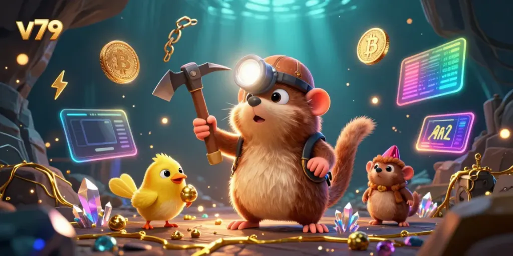 Experience thrilling gameplay at v79 with a treasure hunter mole and glowing gems in a vibrant casino scene.