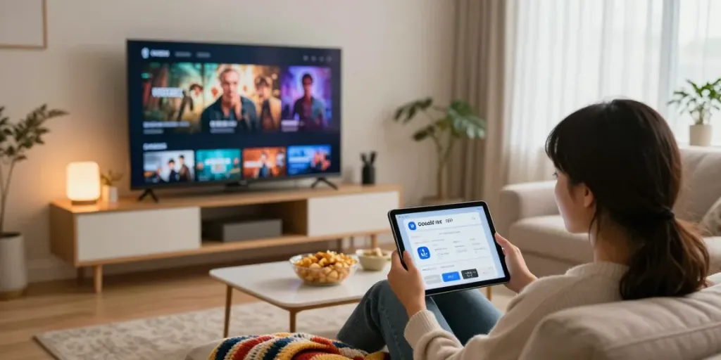 Cocflix APK streaming on tablet in a cozy living room with snacks and a large TV.