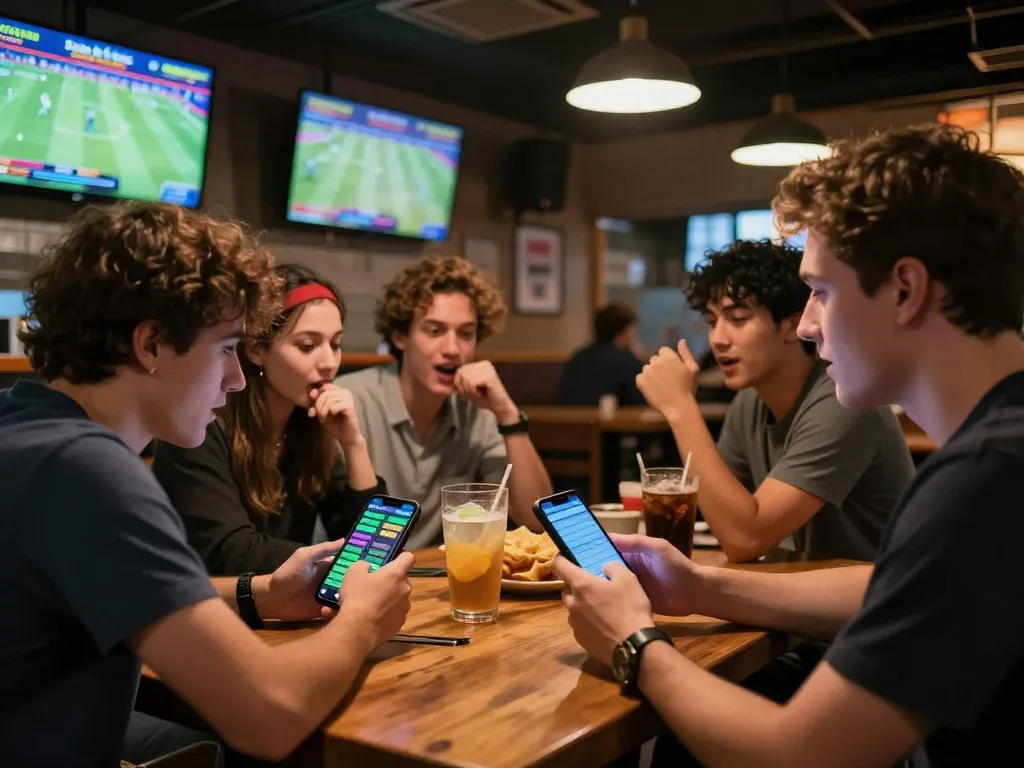 Saba thể thao betting excitement in a lively sports bar with friends analyzing stats and placing bets
