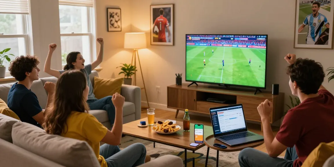 Menonton live streaming bola gratis di ruang tamu yang nyaman dengan teman-teman.