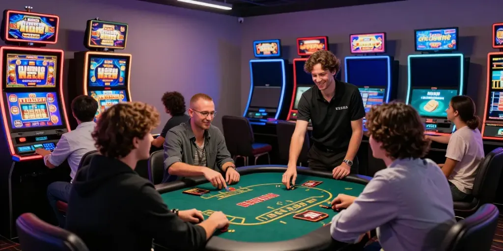 Engaged players at 666Gambit Casino enjoying games, showcasing excitement and variety.