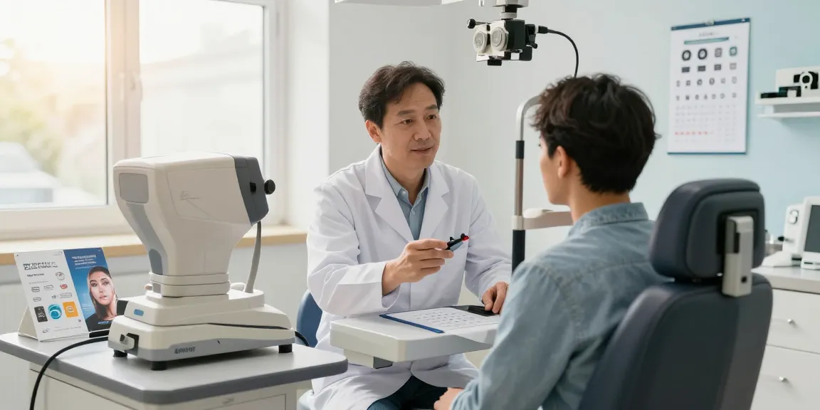 SNU Eye Clinic examination with doctor consulting patient on eye health and advanced diagnostic tools in a calming environment.