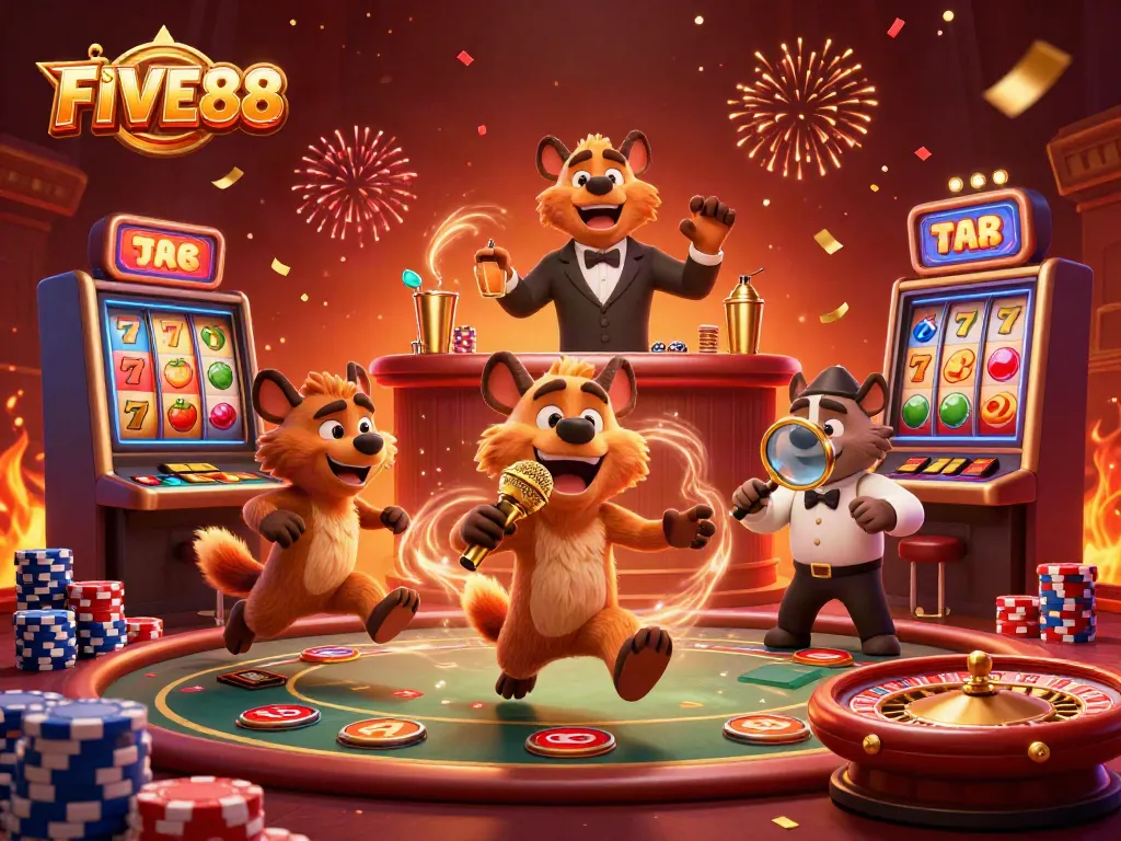 Engage in thrilling games at FIVE88's comedy casino club featuring hyenas and vibrant decor.