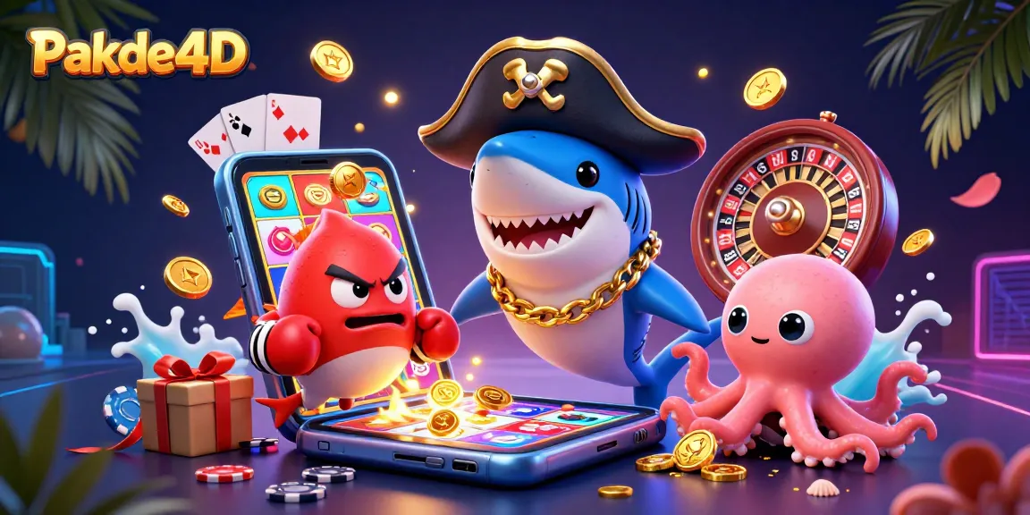 Pakde4D showcases a vibrant casino scene with a cartoon shark, pufferfish, and octopus enjoying gaming excitement.