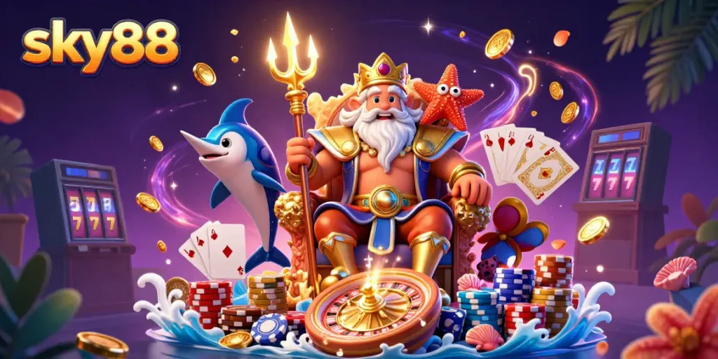 sky88 showcases a vibrant casino world filled with bright tokens, cards, and a charismatic sea king.