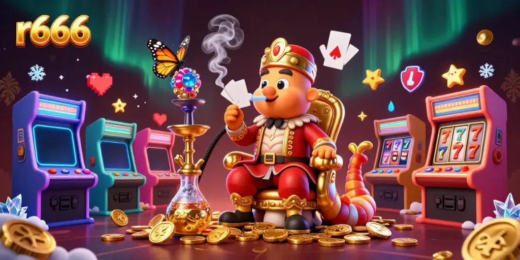 Experience the thrill of r666 with a vibrant 3D scene featuring a caterpillar hookah-master surrounded by enchanting casino symbols.
