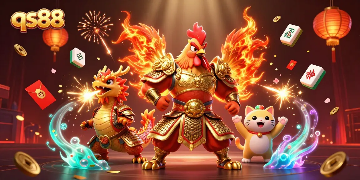 Engage with qs88 in this dynamic 3D scene featuring a fighting rooster, dragon hatchling, and fortune cat amidst festive casino elements.
