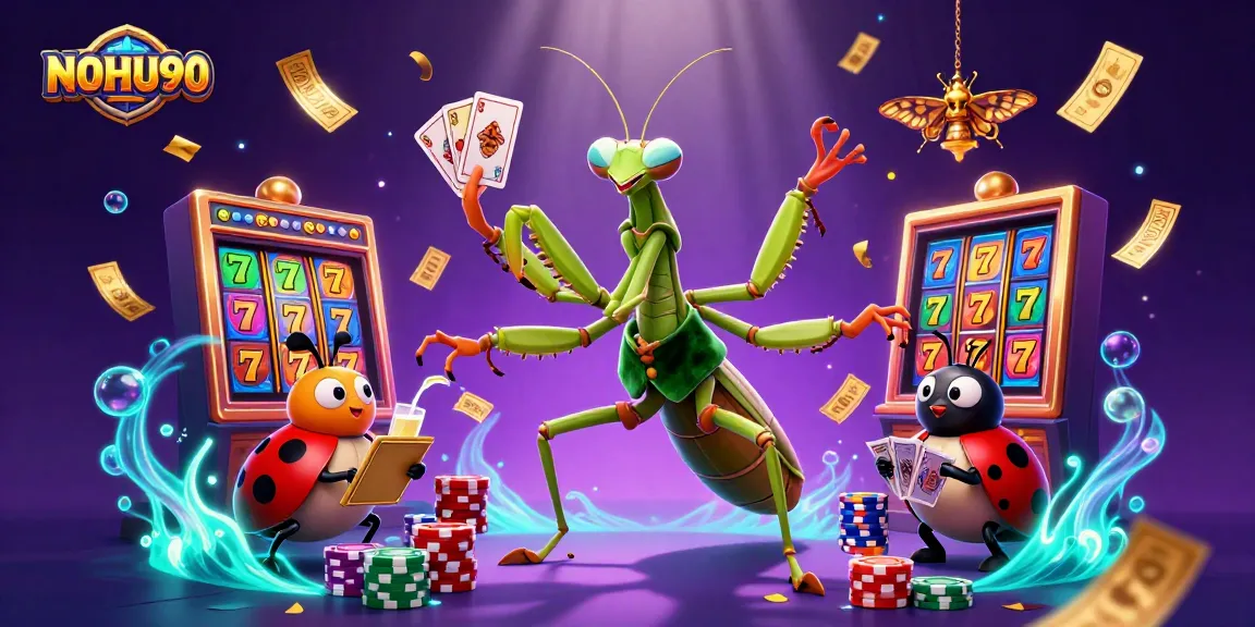 Engage with the thrilling world of NOHU90 as the giant mantis dealing cards and jackpots amidst vibrant casino elements.