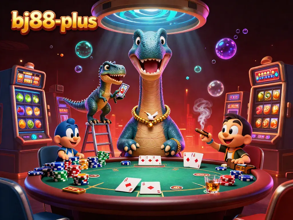 Experience bj88-plus excitement with a whimsical casino scene featuring a dinosaur and raptor dealing cards.