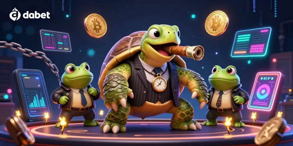 Experience vibrant gaming action with dabet, featuring a turtle mobster amidst crypto-themed casino elements in a dynamic scene.