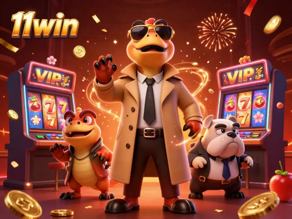 Raptors in a trench coat sneak into the 11win VIP lounge with slot machines and golden coins