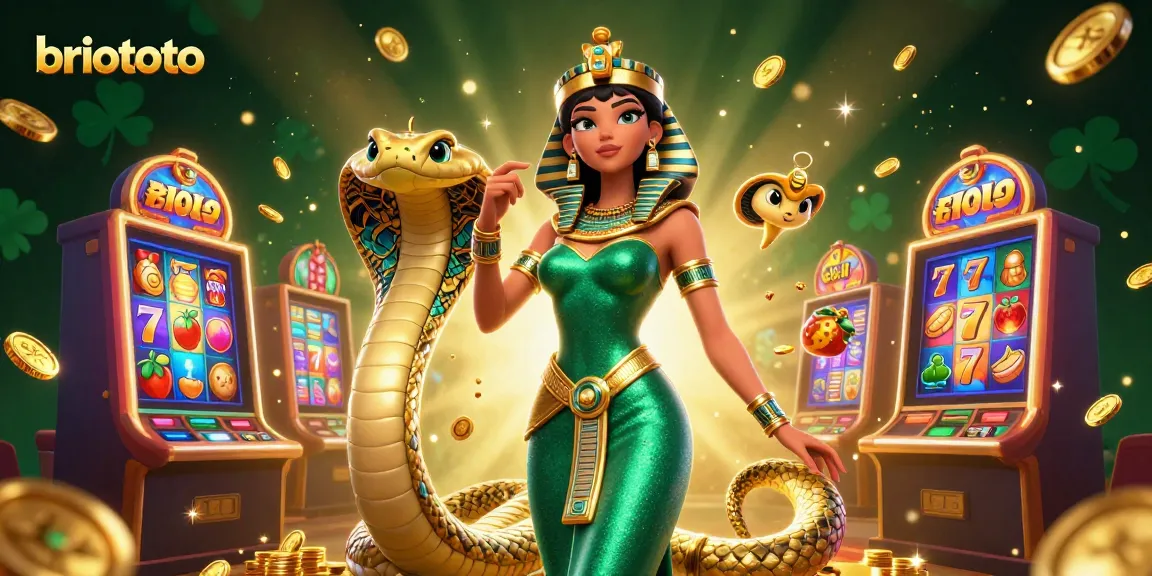 Briototo presents a stunning illustration featuring a captivating woman and golden cobra amidst vibrant slot machines.