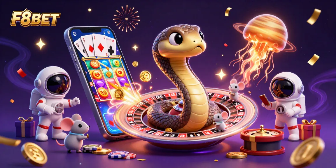 F8BET players enjoying a vibrant casino scene with a 3D Saturn snake roulette wheel and astronaut mice betting.