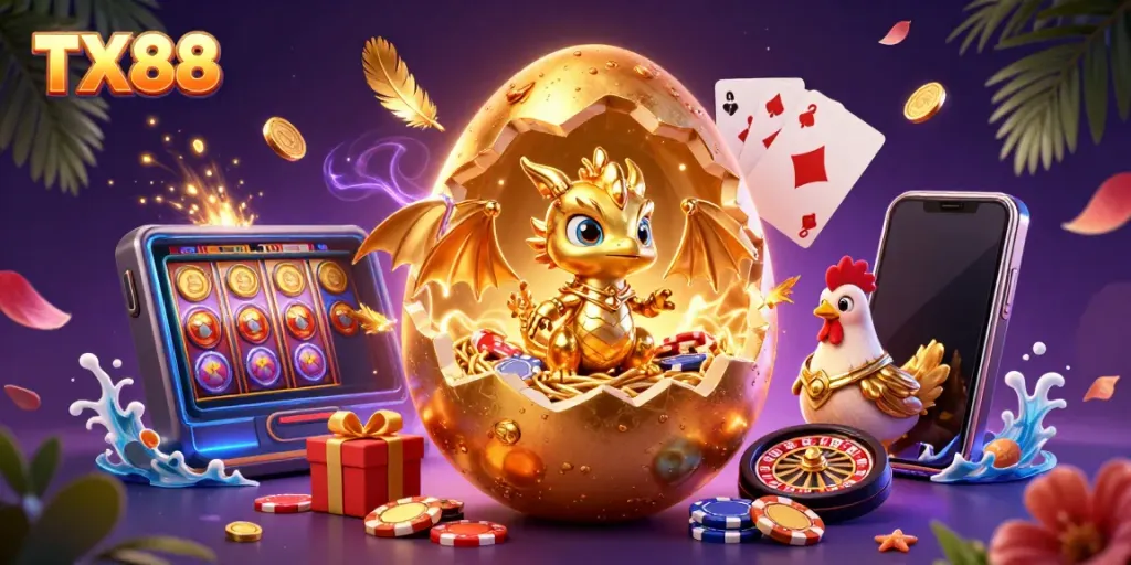 Engage in thrilling slot adventures with TX88, featuring a golden dragon on poker chips and dynamic game elements.