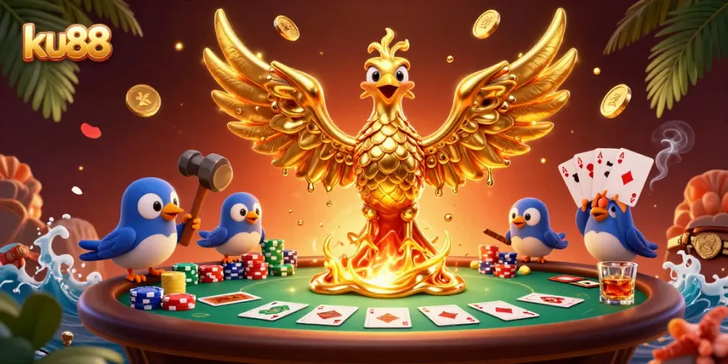 Experience thrilling casino moments with ku88's vibrant 3D golden phoenix illustration.