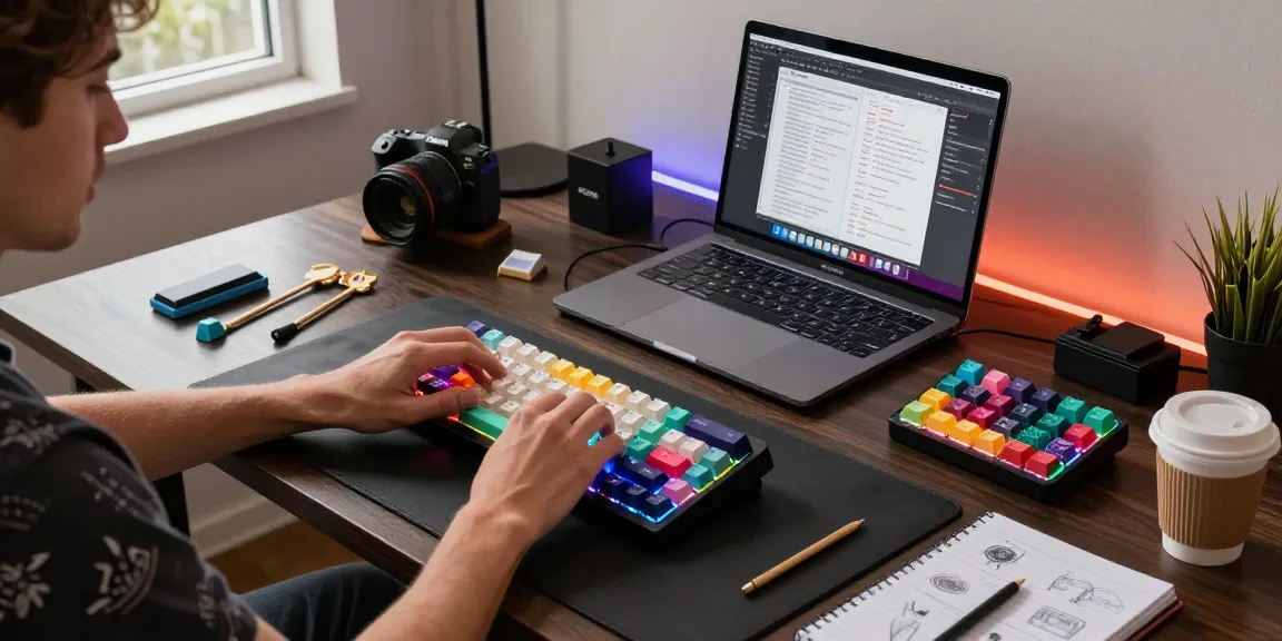 Enthusiast assembling MCHOSE mechanical keyboard kit with colorful keycaps and PBT switches in stylish workspace.