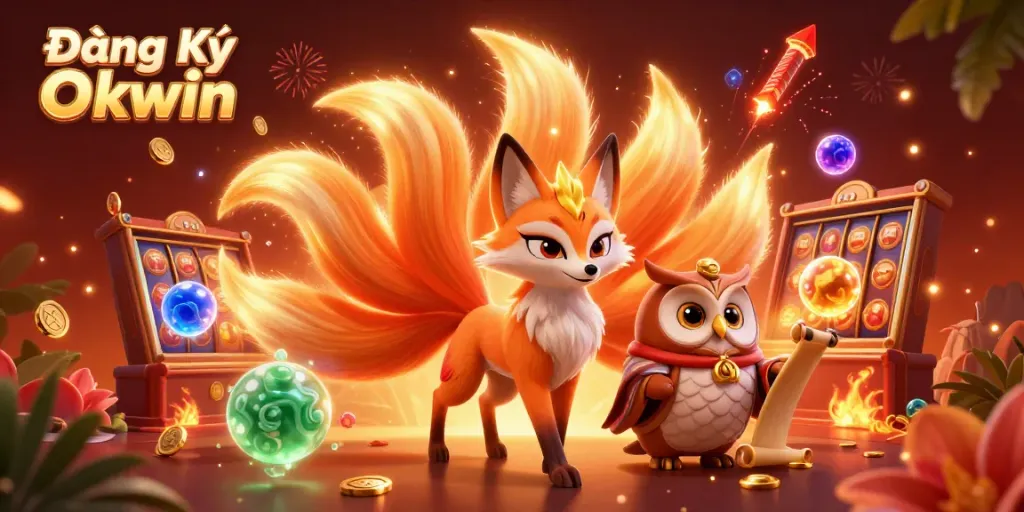 Engage in exhilarating slots action with Đăng Ký Okwin, featuring a vibrant fox spirit and glowing game elements.