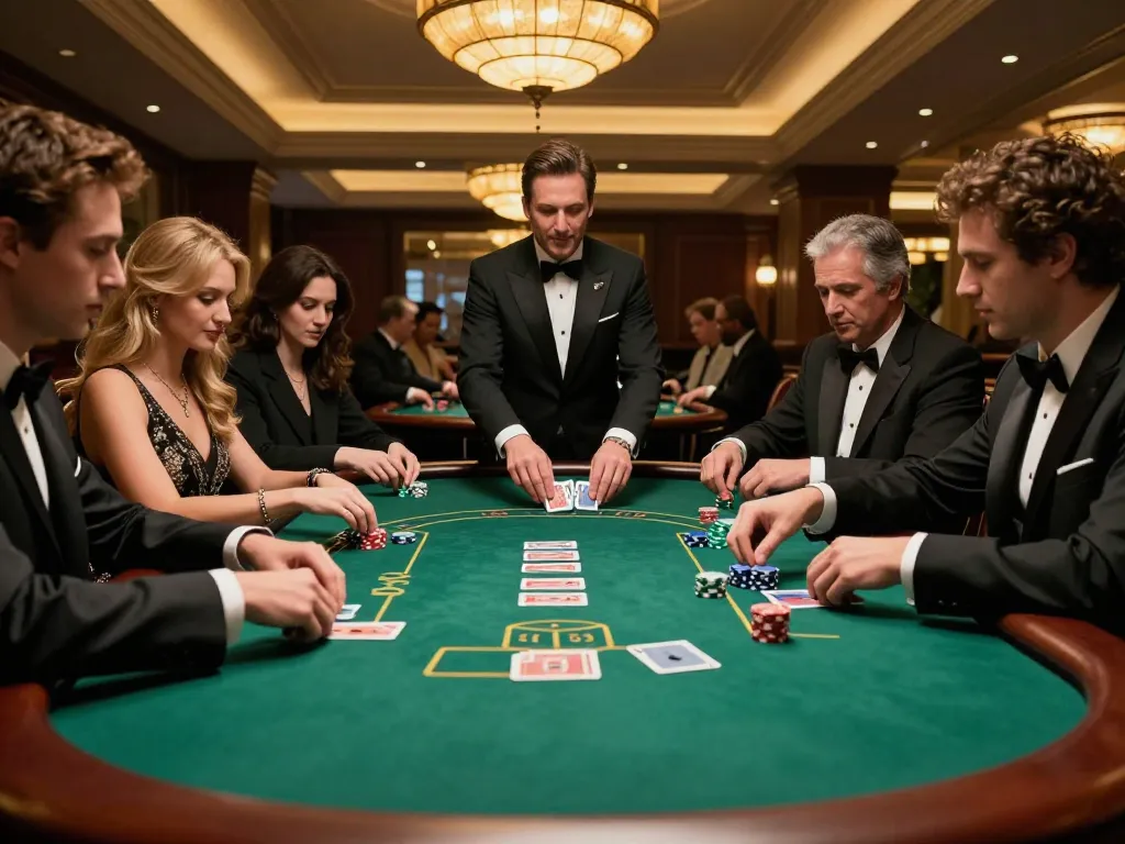 VT88 players strategizing over elegant blackjack table in upscale casino