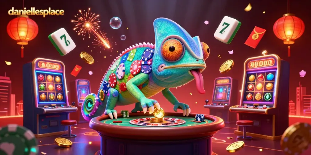 Experience gameplay at daniellesplace with vibrant slot machines and a unique chameleon casino owner.