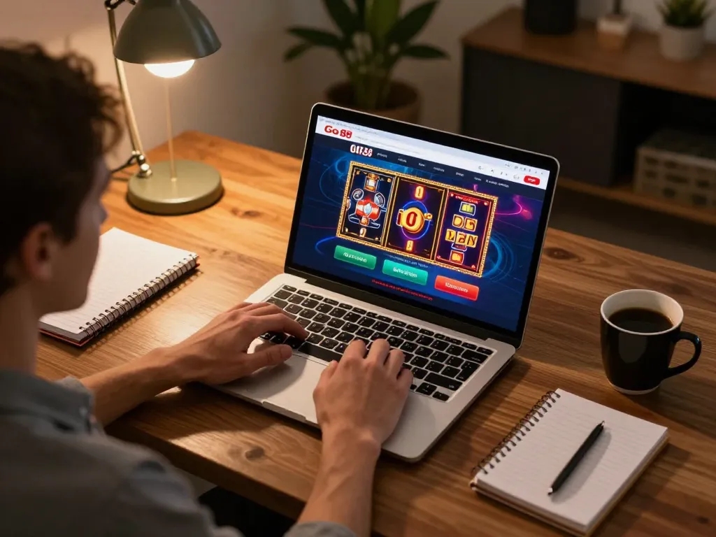 Chơi trò chơi casino trực tuyến Go 88 trên laptop, trưng bày đồ họa sống động và kế hoạch chiến lược.