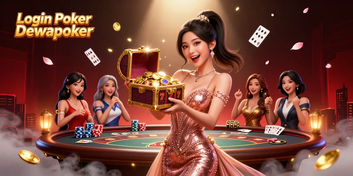 Experience the thrill of Login Poker Dewapoker with a stunning illustration of a lively poker scene.