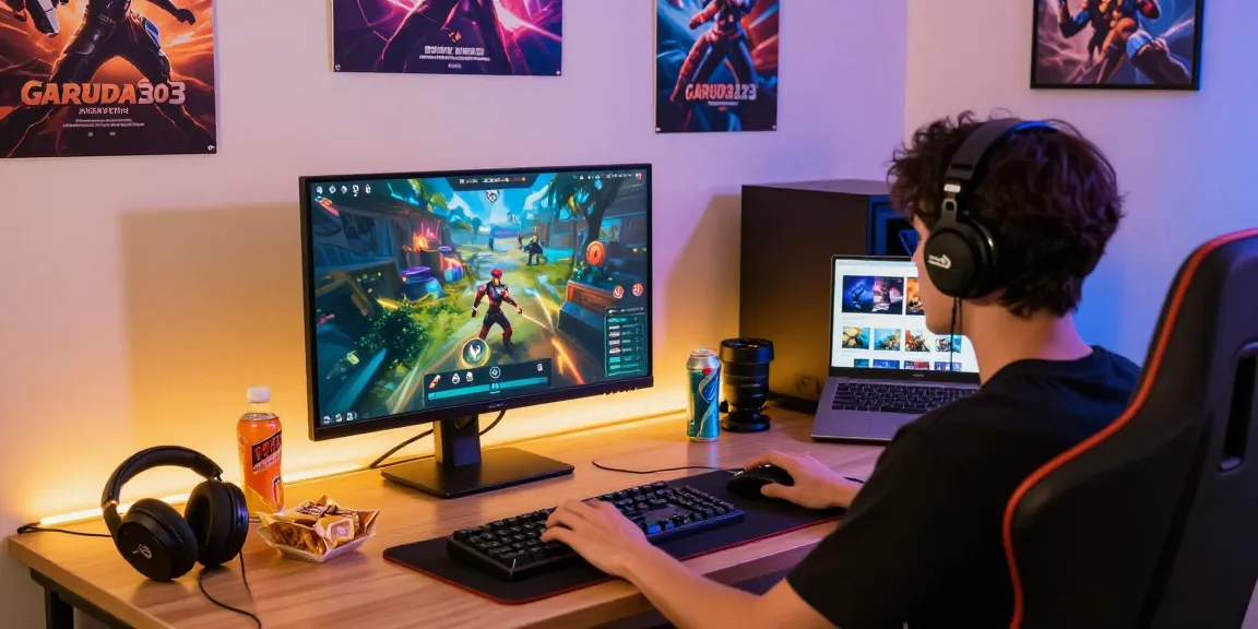 Gamer enjoying GARUDA303 online gaming with vibrant setup and snacks.