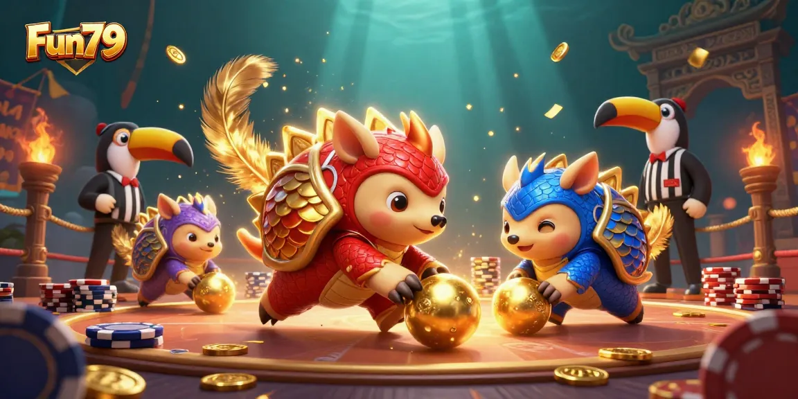 Fun79 pangolins compete in a colorful casino-themed arena, showcasing vibrant gaming action.