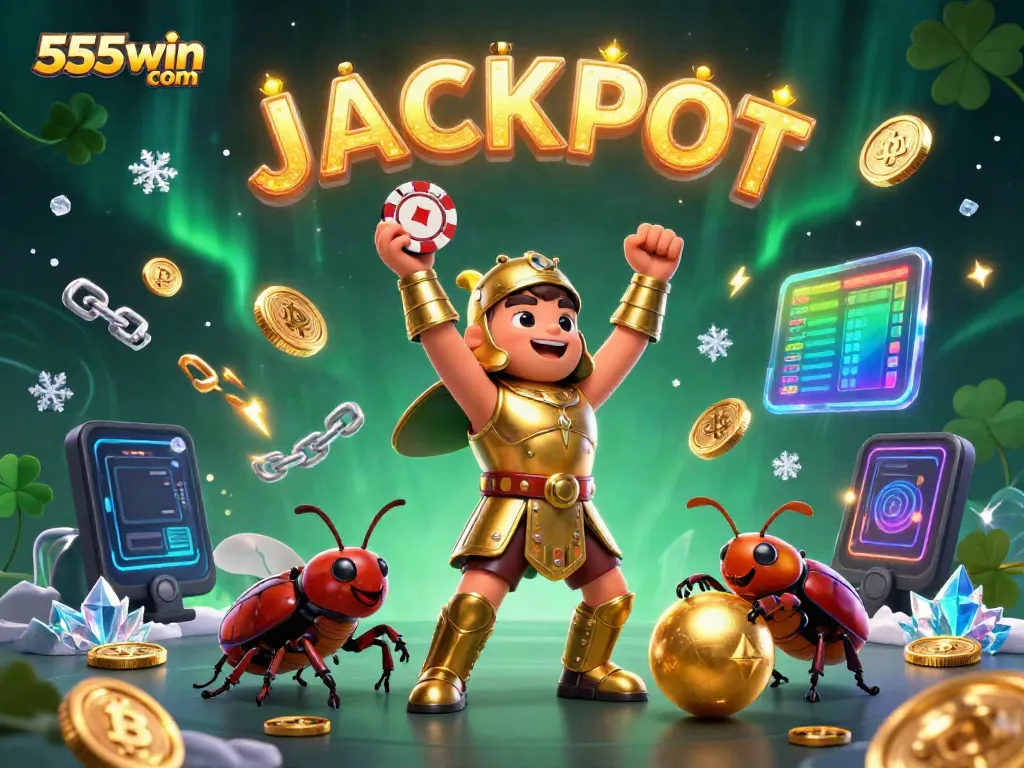 Experience the thrill of winning at 555win com with vibrant 3D illustrations of jackpot moments and dynamic gaming elements.