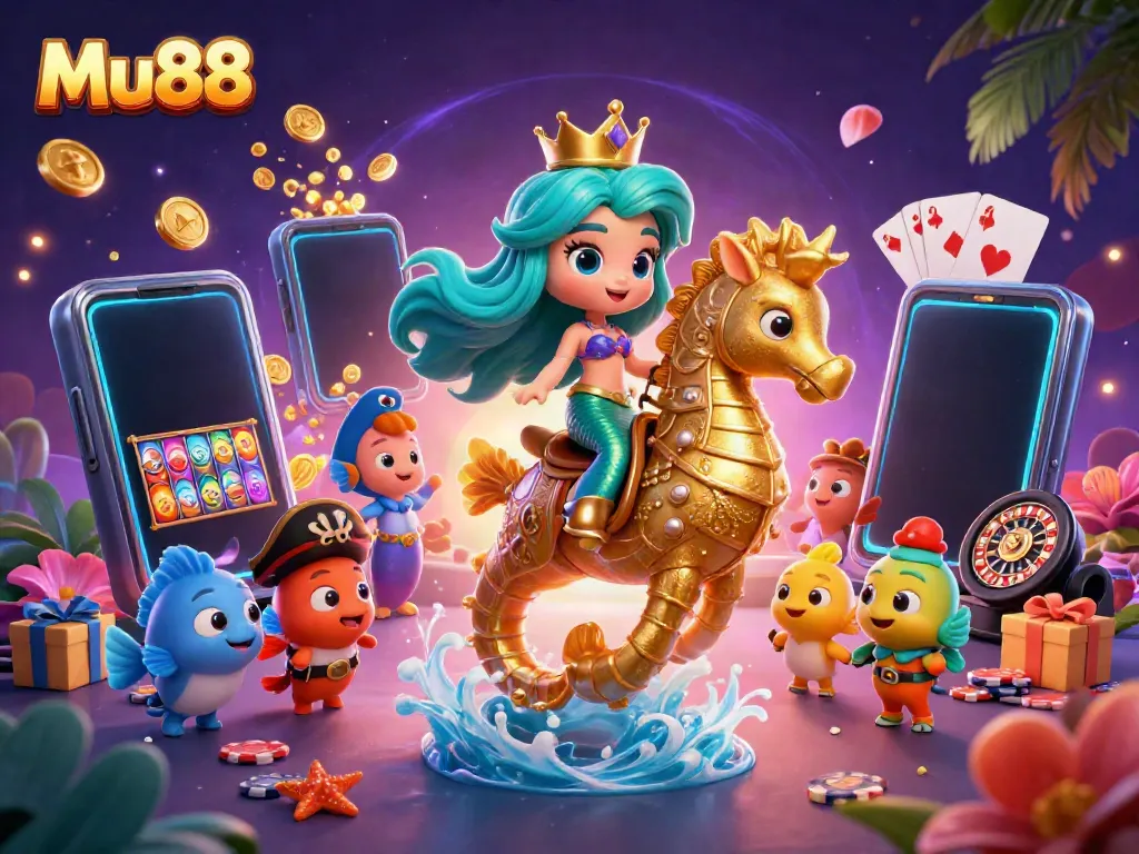 Experience thrilling gameplay with Mu88, featuring a vibrant mermaid princess and casino games surrounded by gold coins.