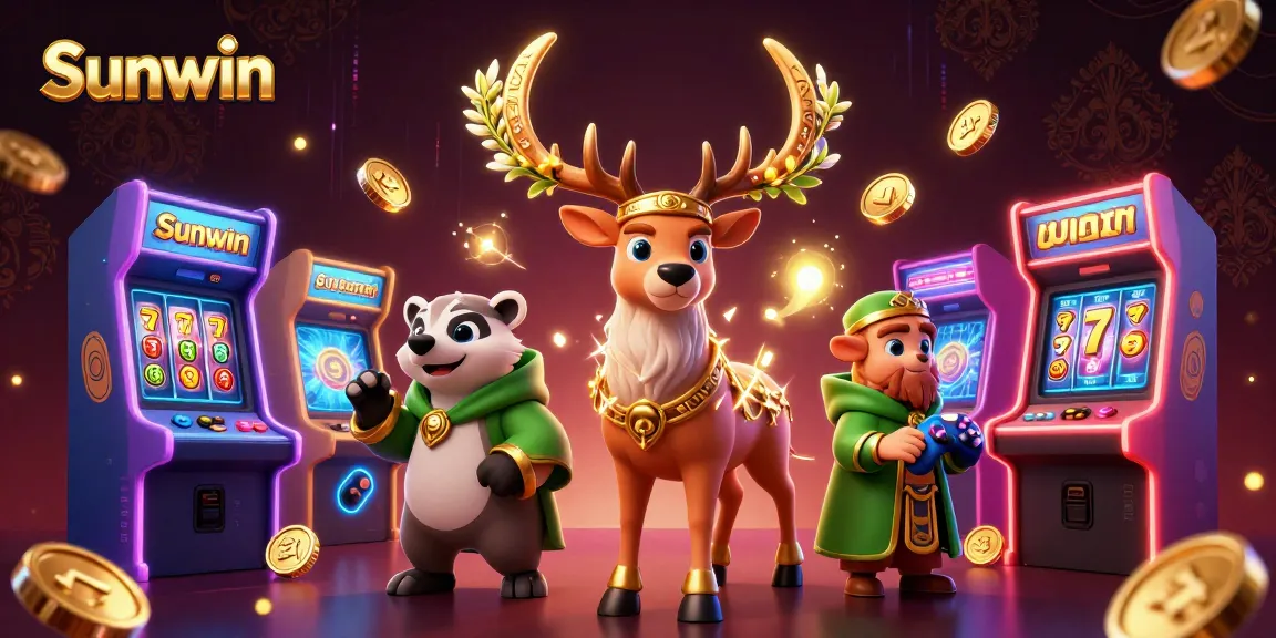Engage in thrilling gaming action at Sunwin with vibrant arcade machines and enchanting characters.